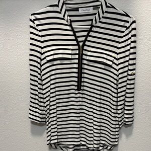 Last day! Calvin Klein black and white striped 3/4 sleeve zip-front blouse